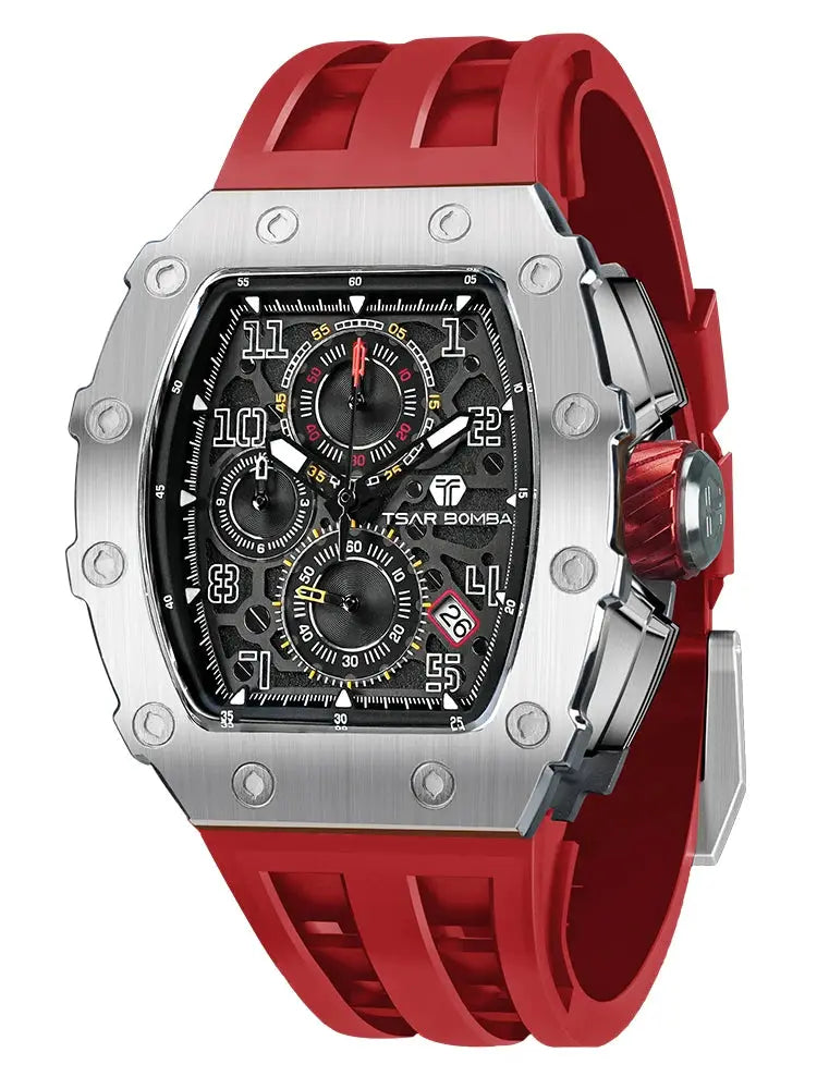 TSAR BOMBA men's watch with stainless steel tonneau case, red silicone strap, skeleton chronograph dial