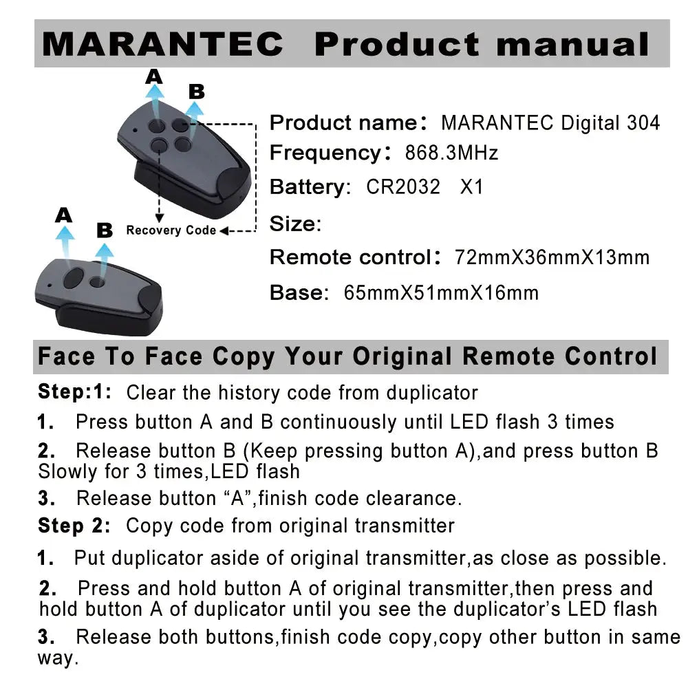 Marantec 868/433MHz garage door remote duplicator manual with two black remotes