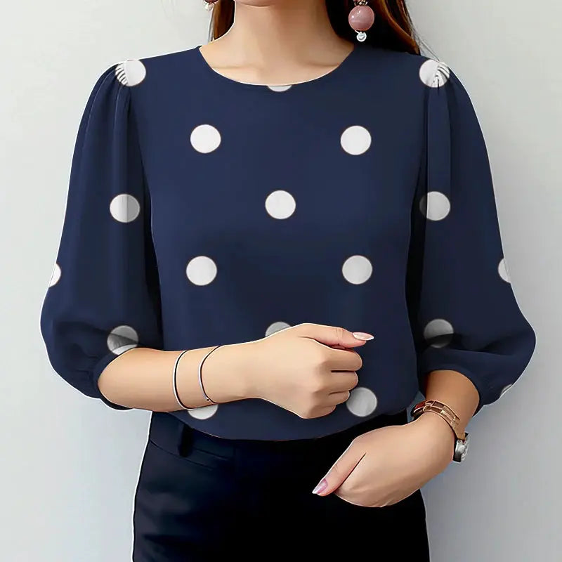 Polka Dot Blouse For Women ZANZEA O Neck Three Quarter Sleeve Top