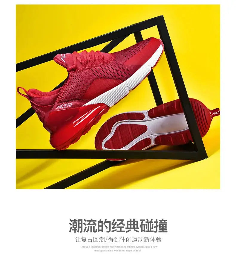 Men's red outdoor jogging sneakers with breathable mesh upper and platform sole