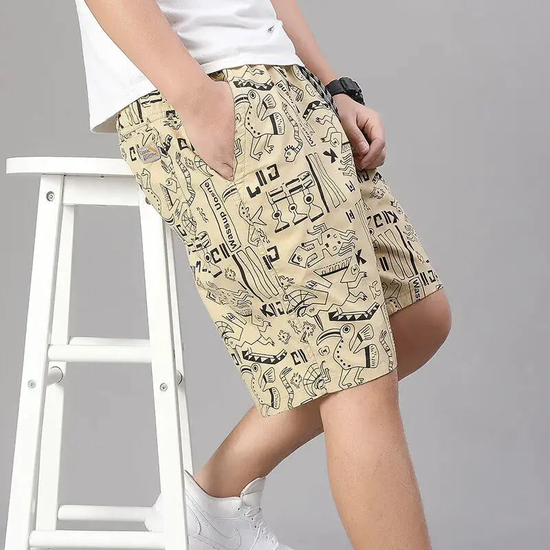Men's beige 100% cotton shorts with elastic waist, side pockets, black abstract print, relaxed fit
