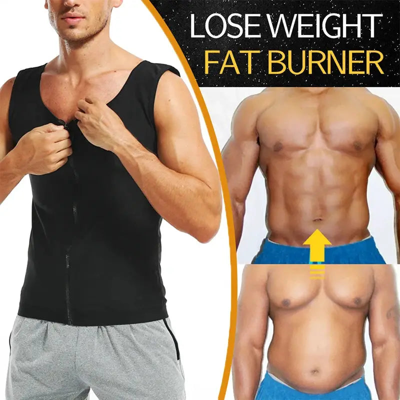 Men abdomen reducer body shaper sauna vest by Simples Market, black sleeveless zip-front waist trainer