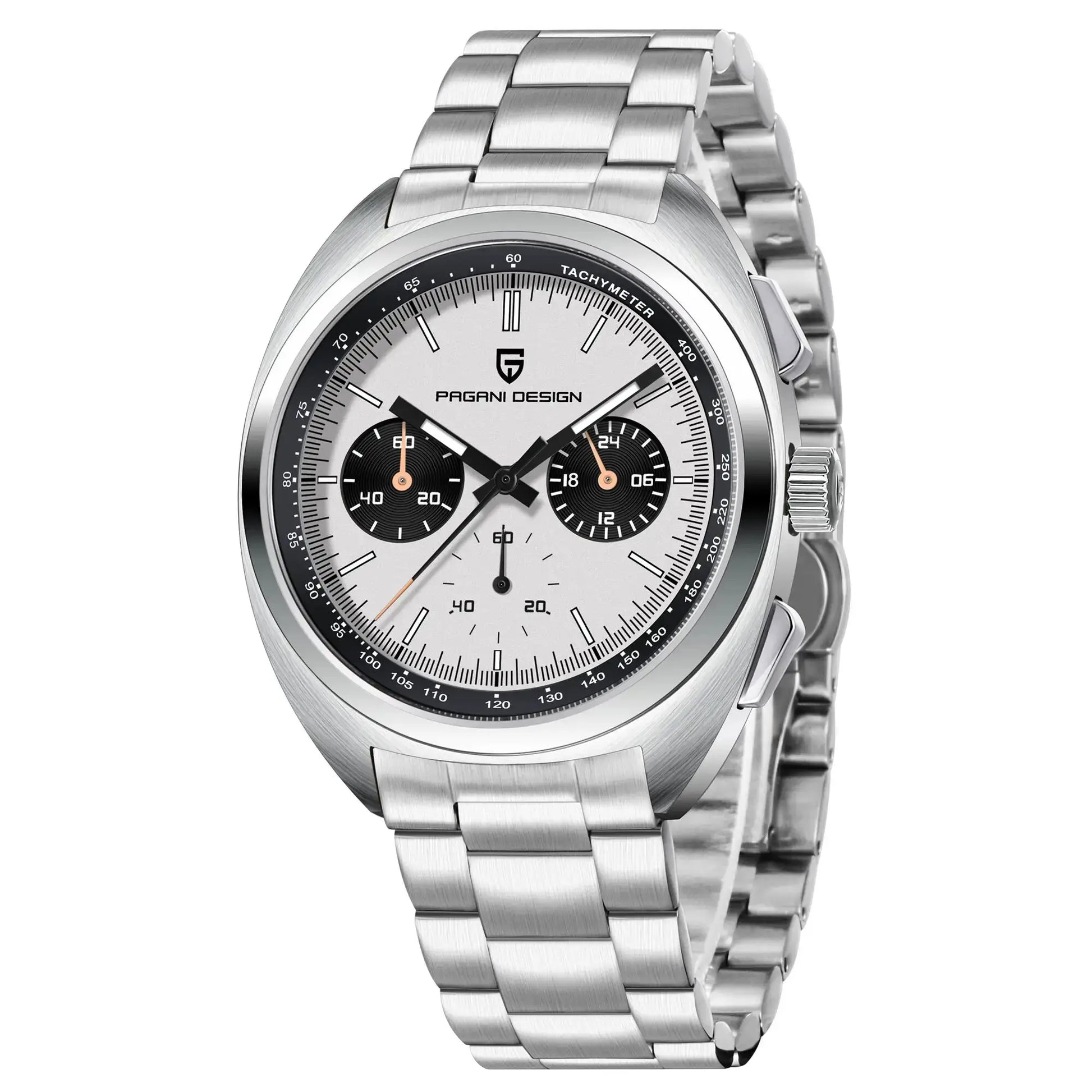 Pagani Design stainless steel men's chronograph watch with panda dial and tachymeter bezel