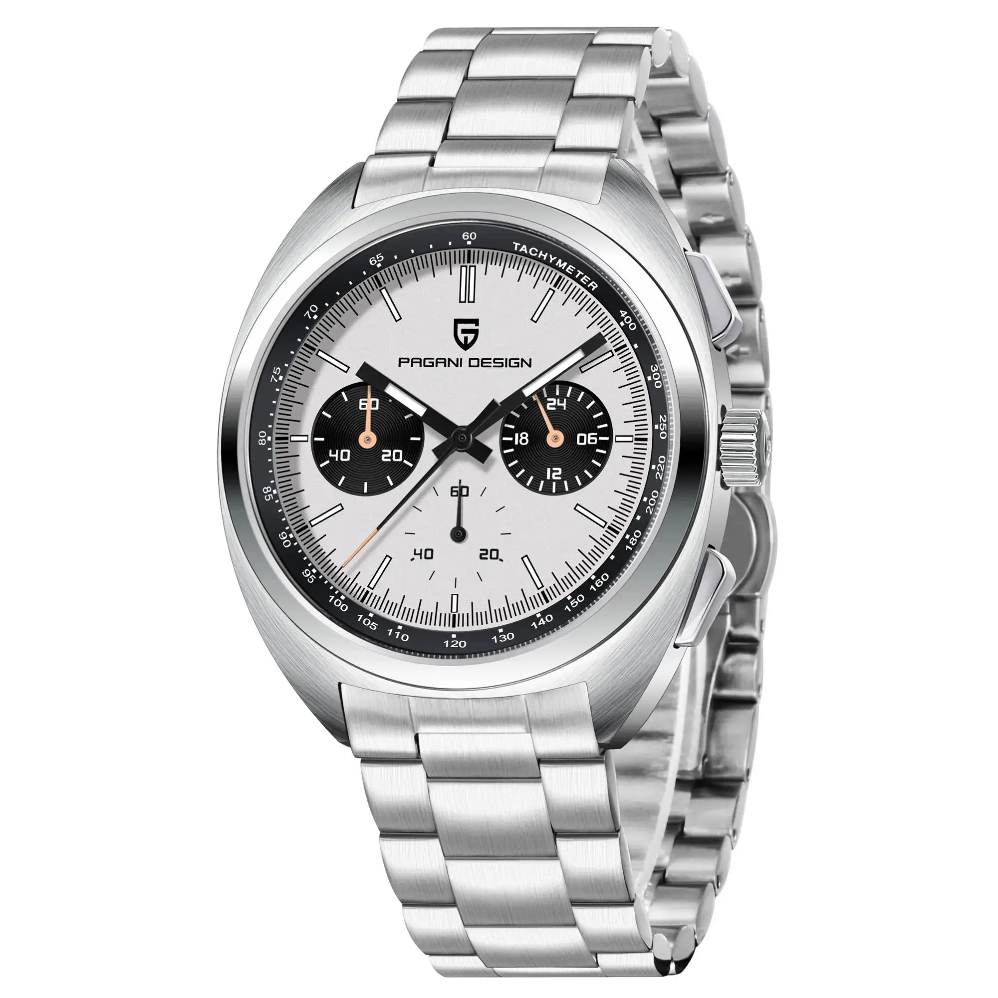Pagani Design stainless steel men's chronograph watch with panda dial and tachymeter bezel