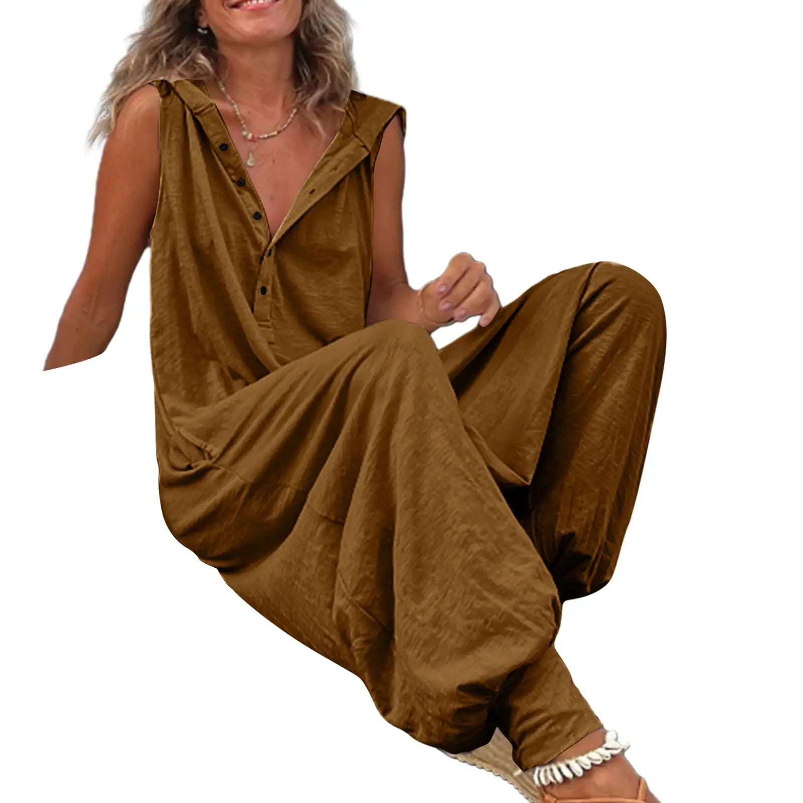 Simples Market women's cotton overalls in caramel brown, bohemian-inspired wide-leg jumpsuit.