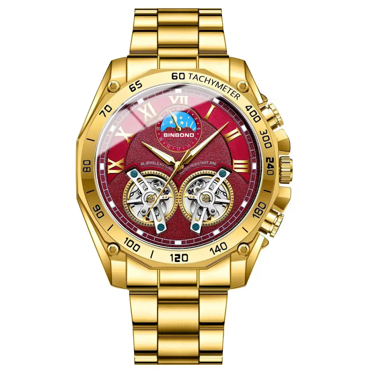 BINBOND gold-tone men's quartz watch with red dial, Roman numerals, skeleton gears, tachymeter bezel and bracelet