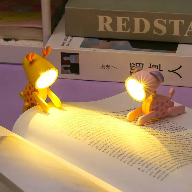 LED mini night lights: two foldable desk lamps, yellow dog and pink deer, lighting a book