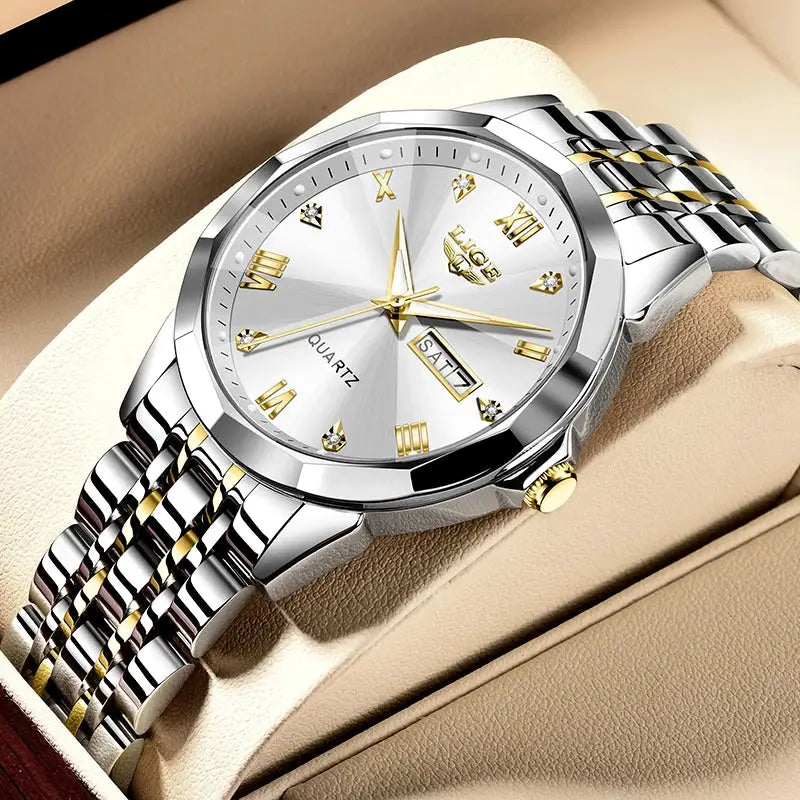 LIGE women's quartz wristwatch with silver dial, two-tone stainless steel bracelet, gold markers, and day-date window.
