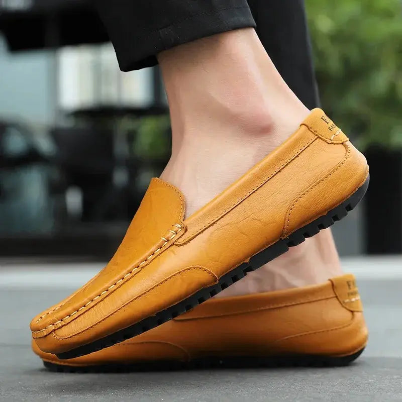 Simples Market genuine leather breathable loafers for men, tan slip-on driving moccasin with rubber sole