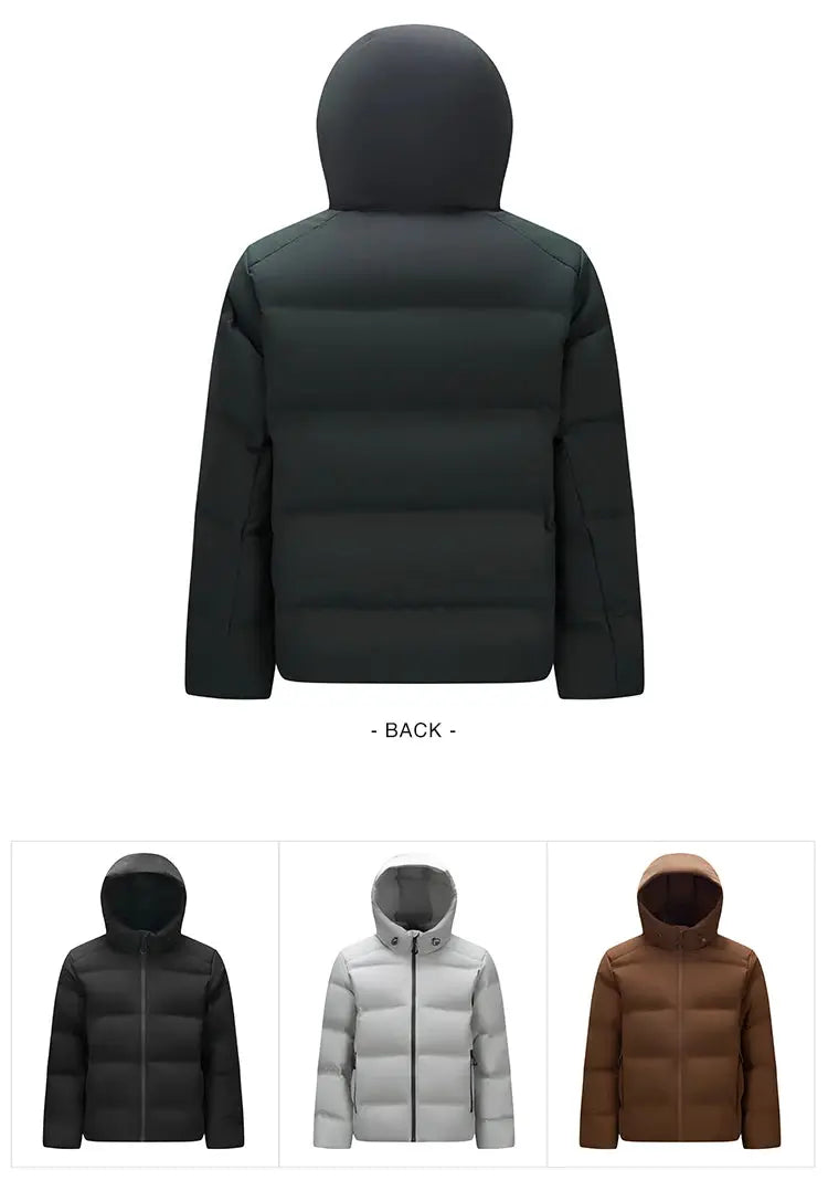 Semir men’s down jacket; waterproof hooded puffer with black, gray, and brown color options by Simples Market