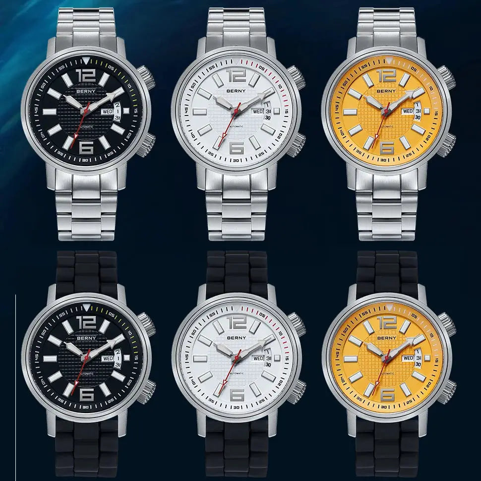 Six BERNY 20ATM diver automatic watches for men with black, white, and orange dials and silver or black straps.