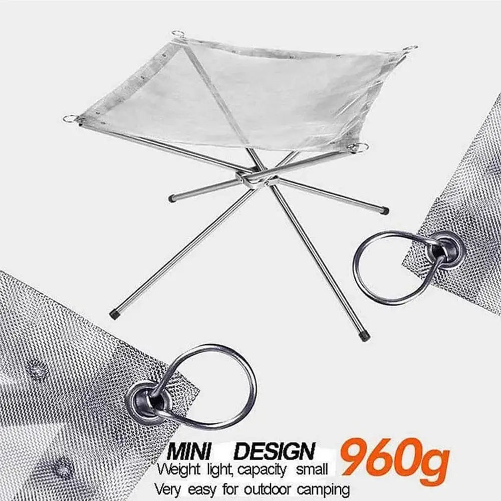 Outdoor camping fire pit stand by Simples Market, folding stainless steel with mesh rack