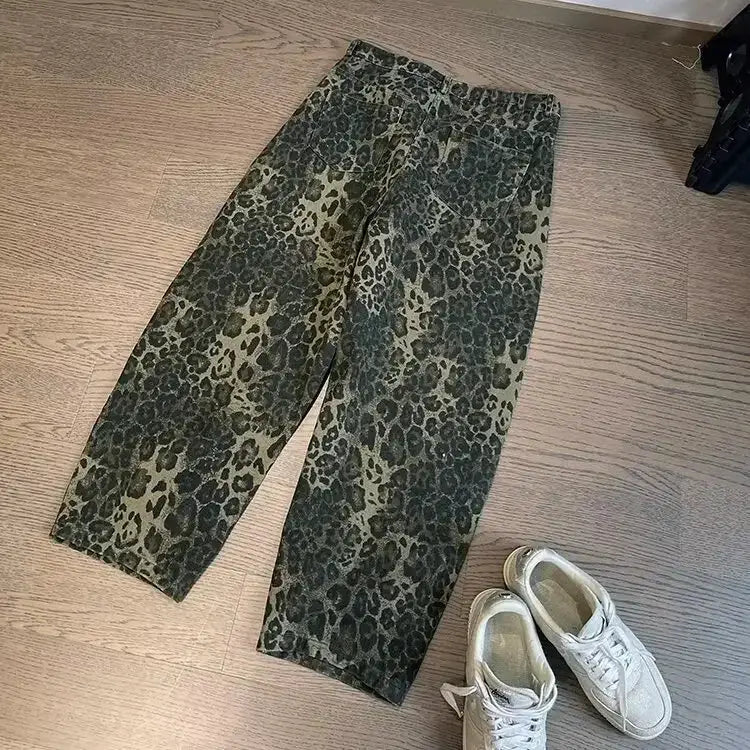 Leopard-print denim pants for men, oversized wide-leg jeans in autumn tan by Simples Market