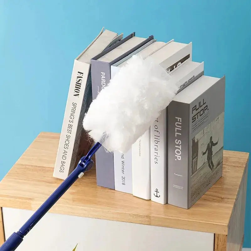 Extended Pole Dust Collector with blue handle and white microfiber cloth