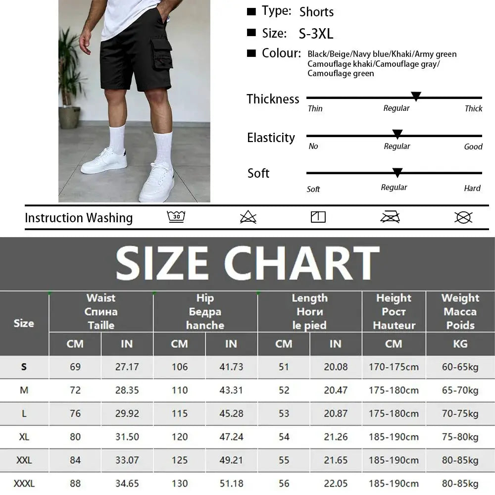 Cargo shorts by Simples Market in black with multiple pockets and elastic waist.