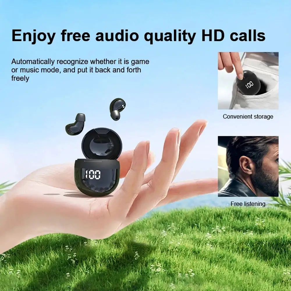 SK18 Mini Invisible Bluetooth Headphones in black with charging case