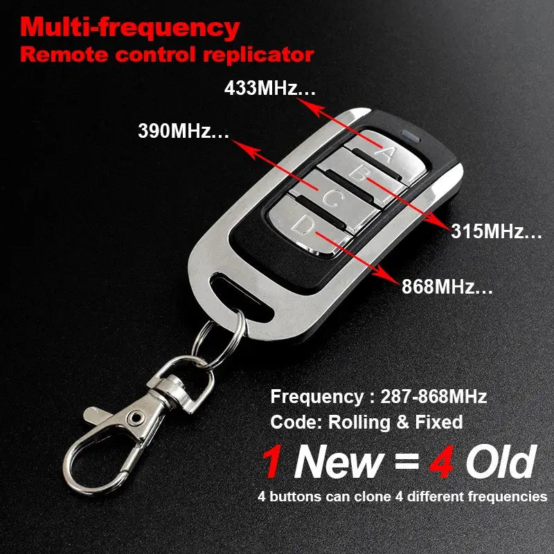 Multi-frequency garage door remote duplicator, silver metal, 4-button keyfob