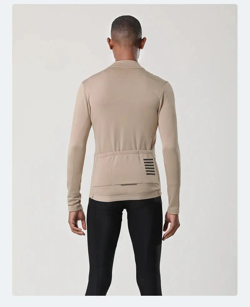 YKYWBIKE men's cycling jacket, beige long-sleeve with thermal fleece lining and back stripe graphic — Simples Market
