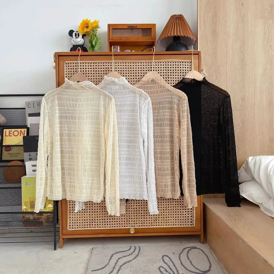 Simples Market women's mesh lace blouses, sheer long-sleeve O-neck tops in cream, ivory, nude and black (4-pack)