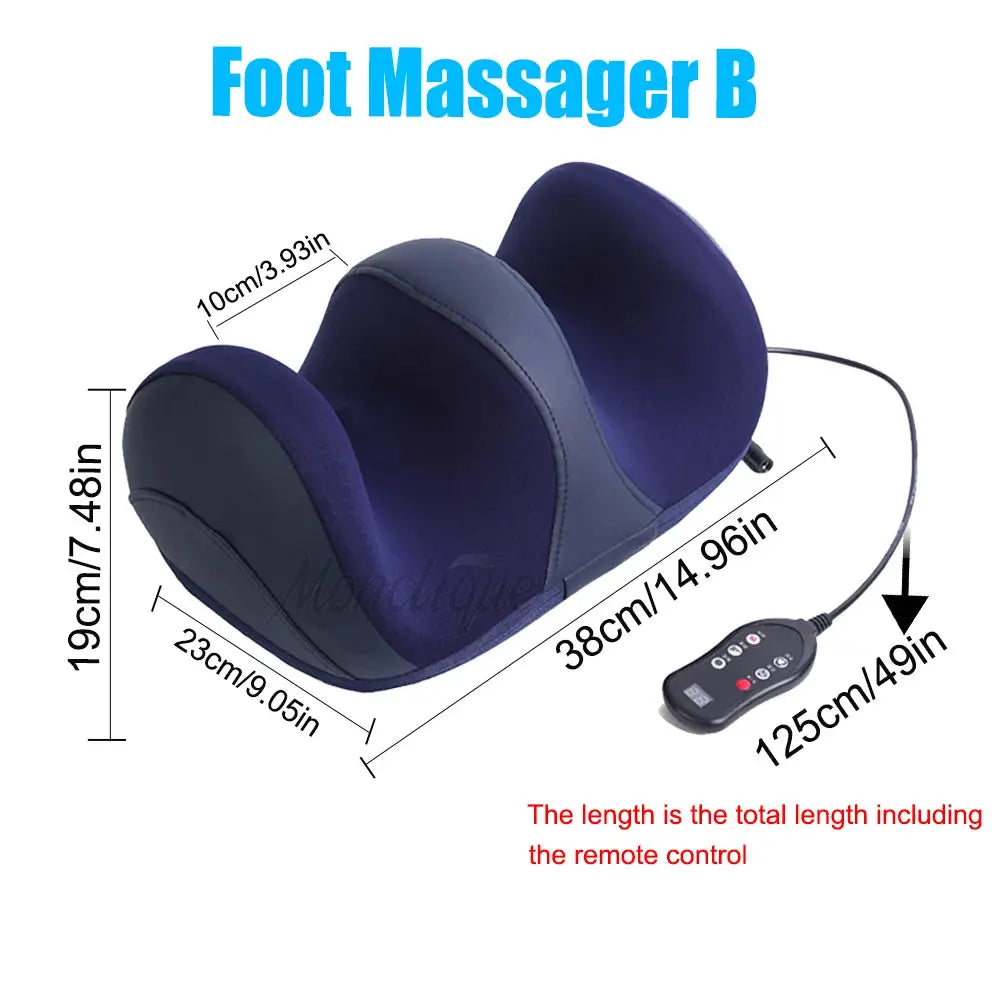 Foot massager with remote control, extra big size, blue fabric cushion, curved kneading design for feet and calves