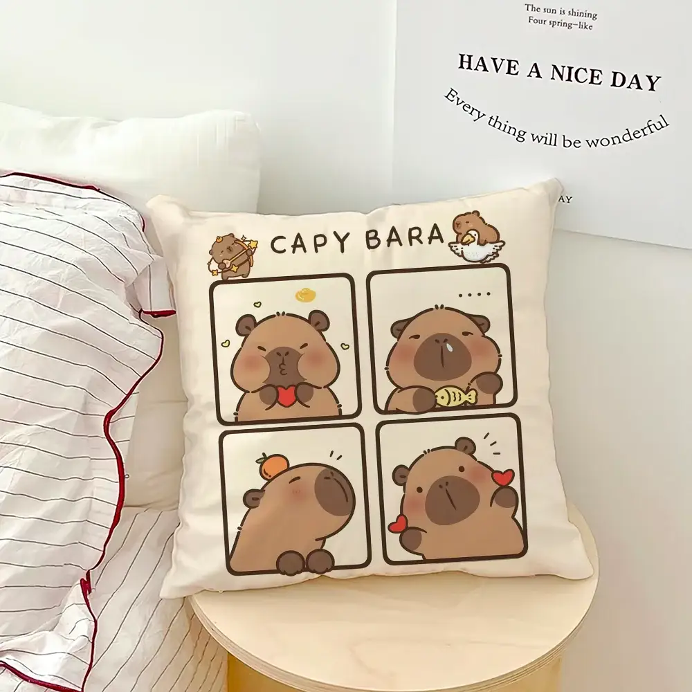 Simples Market Capybara cartoon pillow case; white square cushion featuring four cute capybara panels.