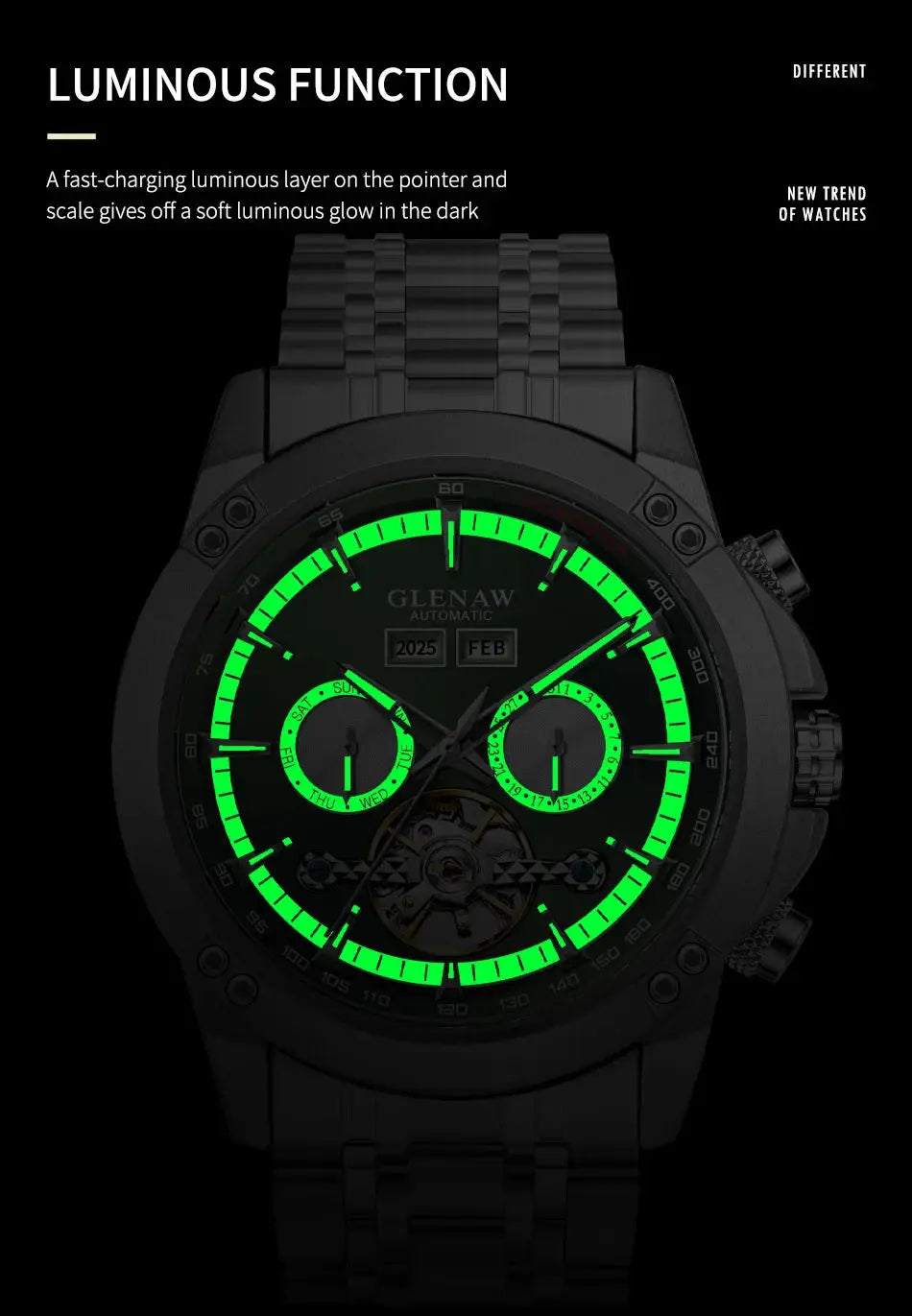 Glenaw men's automatic wristwatch with black stainless steel bracelet and neon-green luminous dial