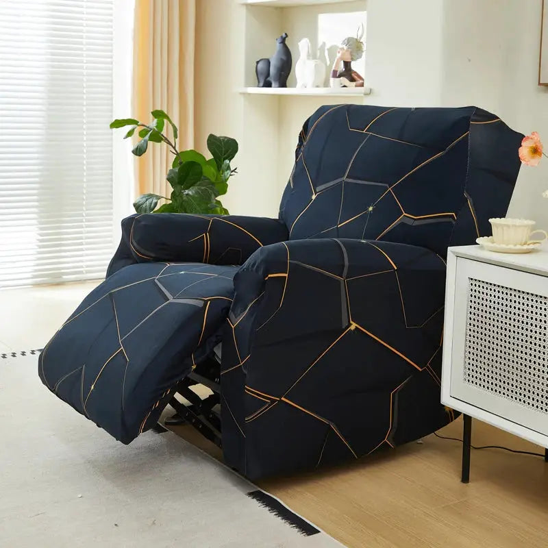 Recliner chair cover set in navy blue with orange geometric lines for 1/2/3 seat recliners