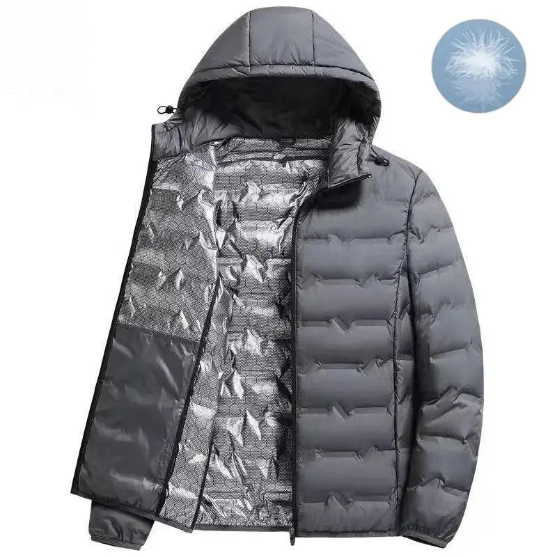 Simples Market men's gray duck-down puffer jacket with hood; windproof and waterproof