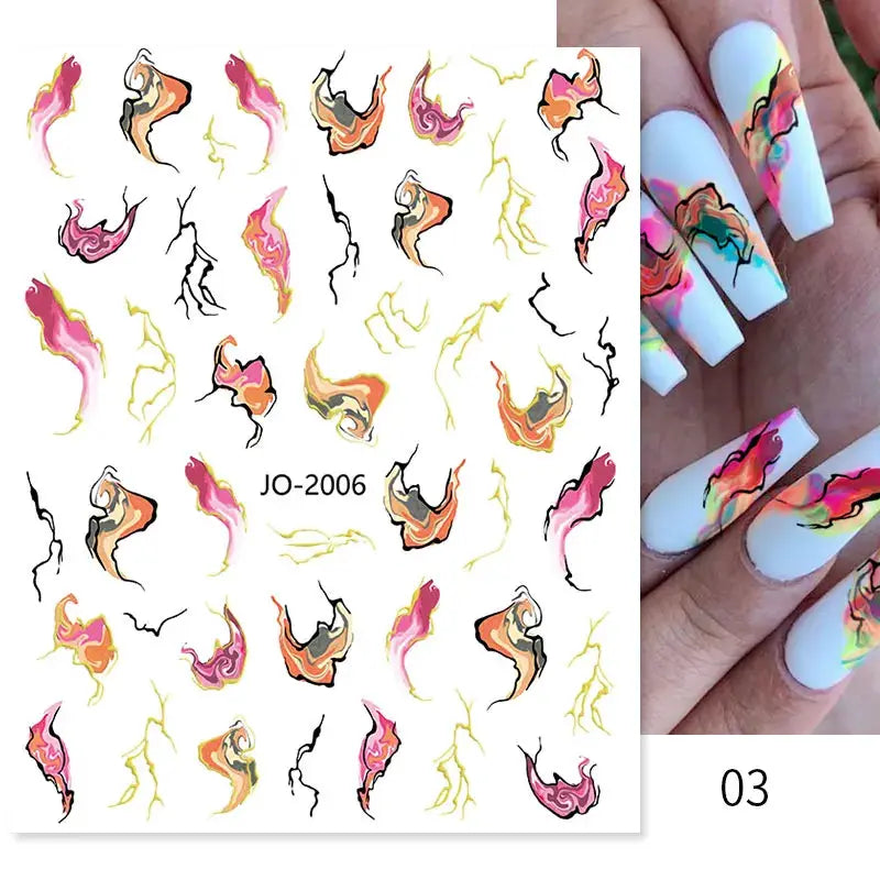 Nail art decals sheet with colorful bronze and pink abstract lines and flower motifs; 3D nail stickers for manicure.