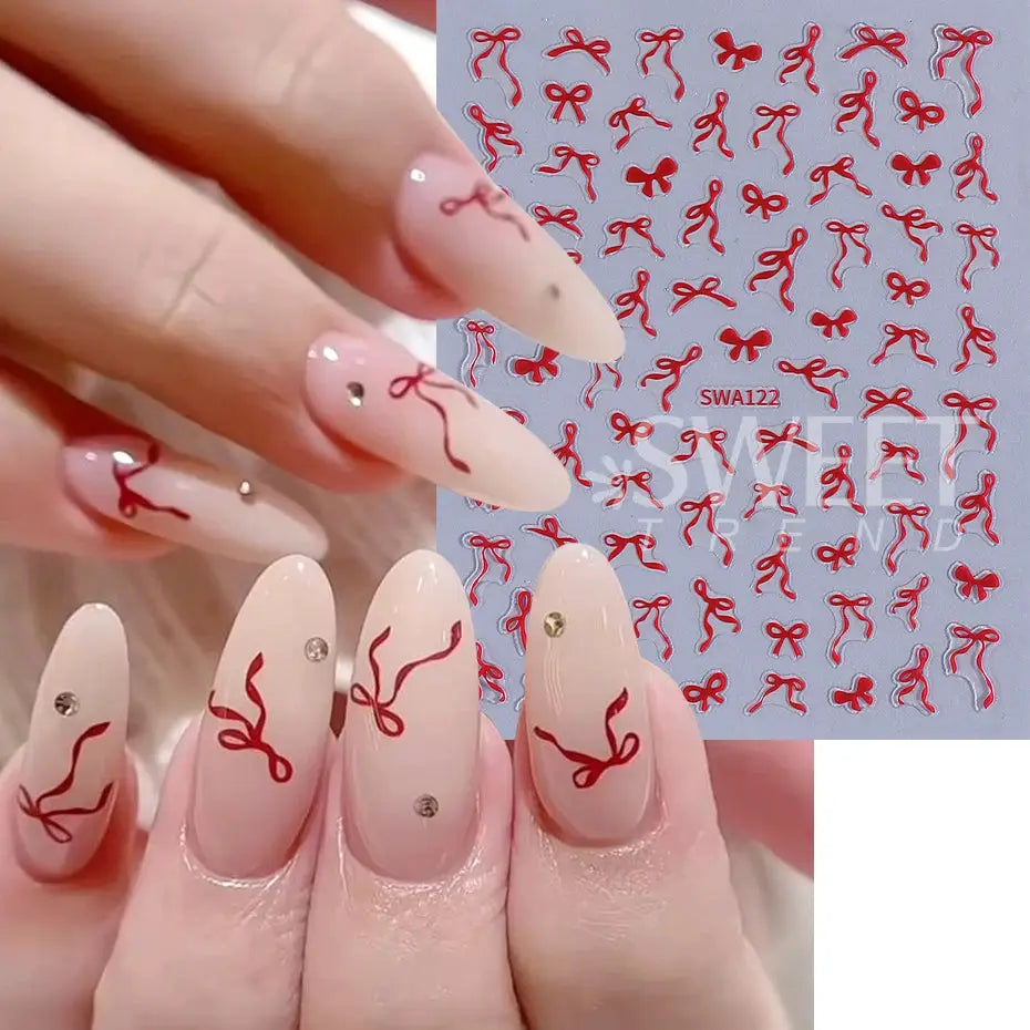 Bowknot ribbon nail stickers by Simples Market; red bow decals on nude pink nails, self-adhesive.