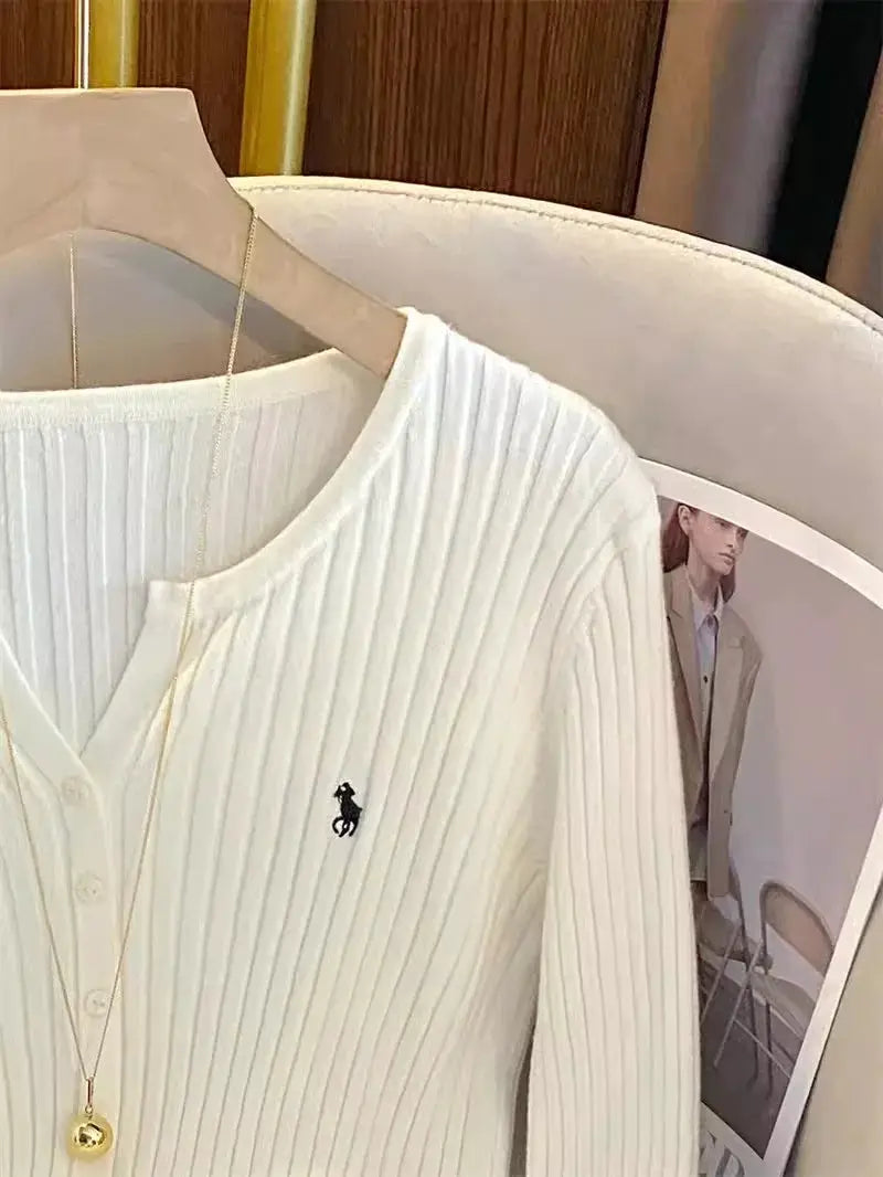 NovaTrend Y2K Embroidered Solid Knitted Top Long Sleeve Cardigan Sweater Slim Fit High Stretch For Autumn Streetwear