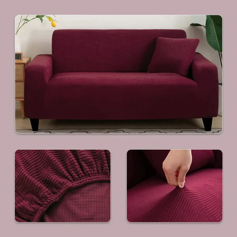 Elastic Jacquard Sofa Cover for 1–5 seater couches in burgundy fabric
