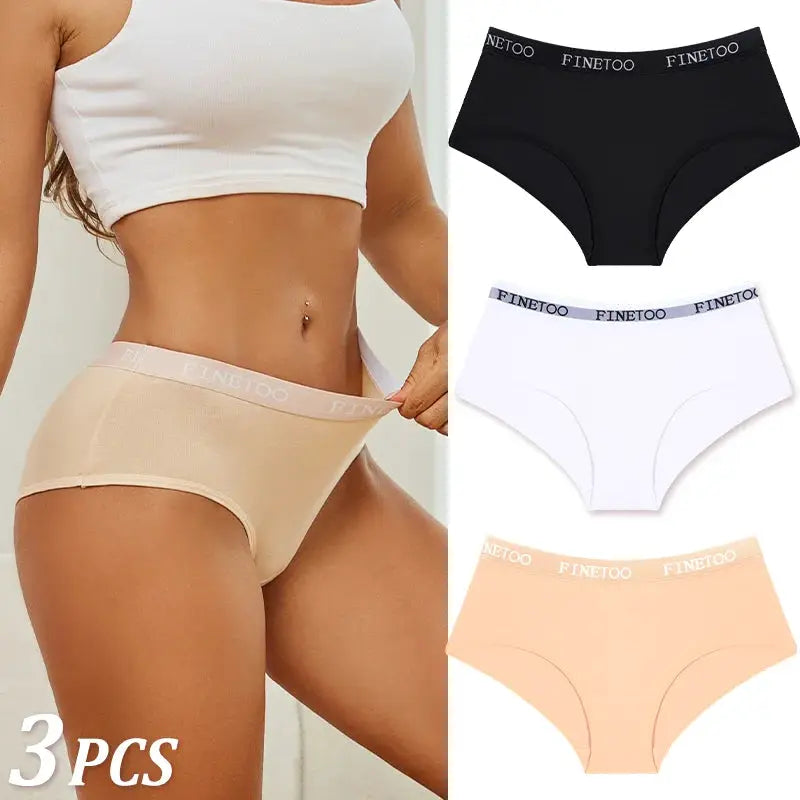 3-piece women's cotton briefs set with FINETOO waistband in black, white and peach, shown with nude-beige panties