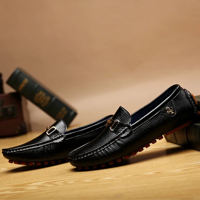 YRZL men's black PU leather loafers by Simples Market with metal buckle, slip-on driving moccasins