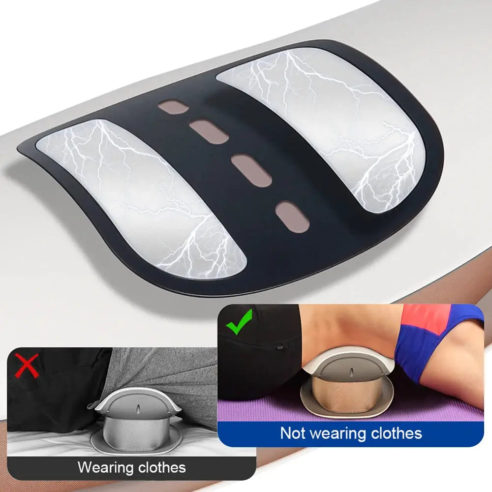 Adjustable lumbar traction massager with vibration, black body and white crackled-pattern massage pads.