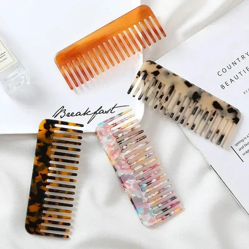 Simples Market wide-tooth acetate hair combs, 4-pack, in tortoiseshell and colorful marbled patterns.