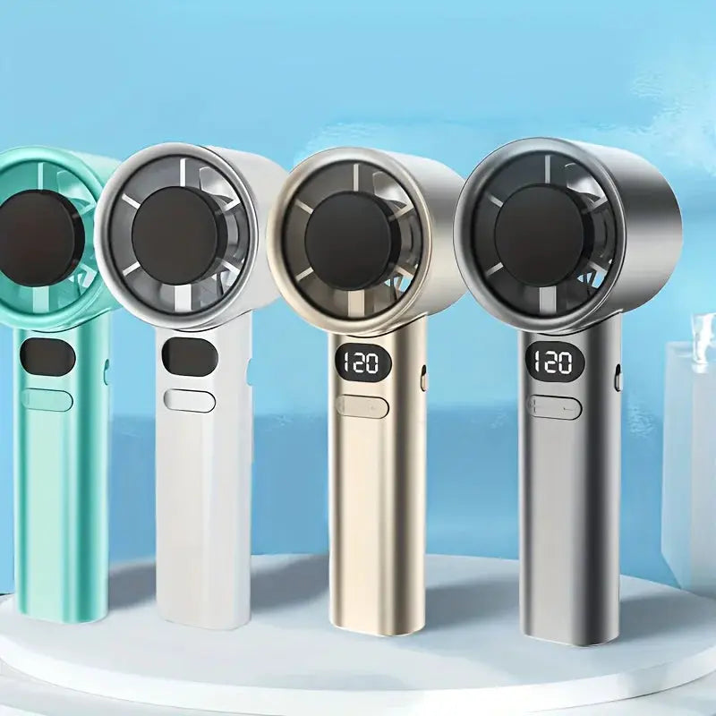 Four Simples Market handheld mini fans with USB charging in assorted colors.