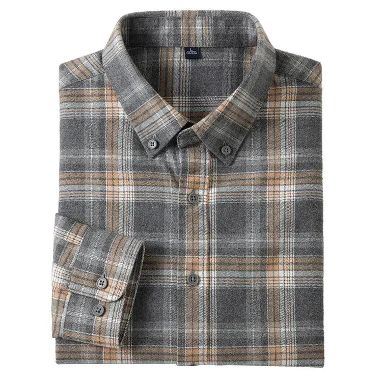 Men's 100% cotton flannel shirt in gray and tan plaid, button-down casual