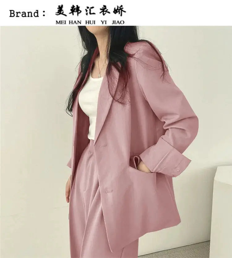 Two-piece pink blazer and pants outfit set for women, casual fall fashion