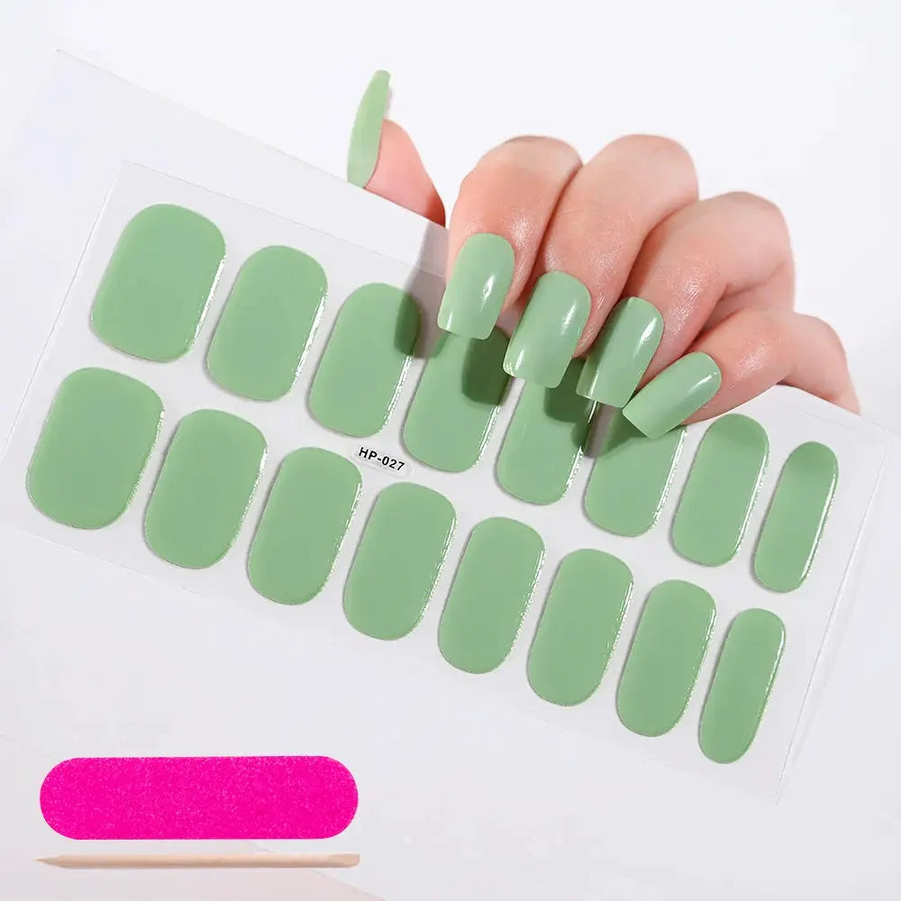 Semi-cured gel nail wraps sheet in pastel green; full-cover adhesive nail decals for manicure