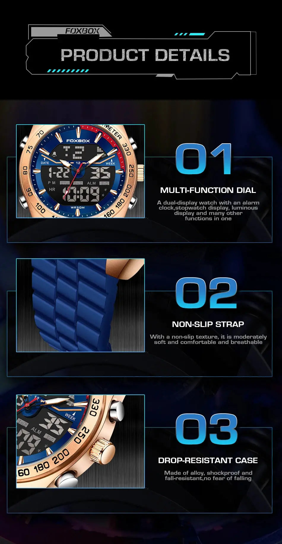 FOXBOX men's luxury digital watch by Simples Market, blue dial with rose-gold bezel and blue strap