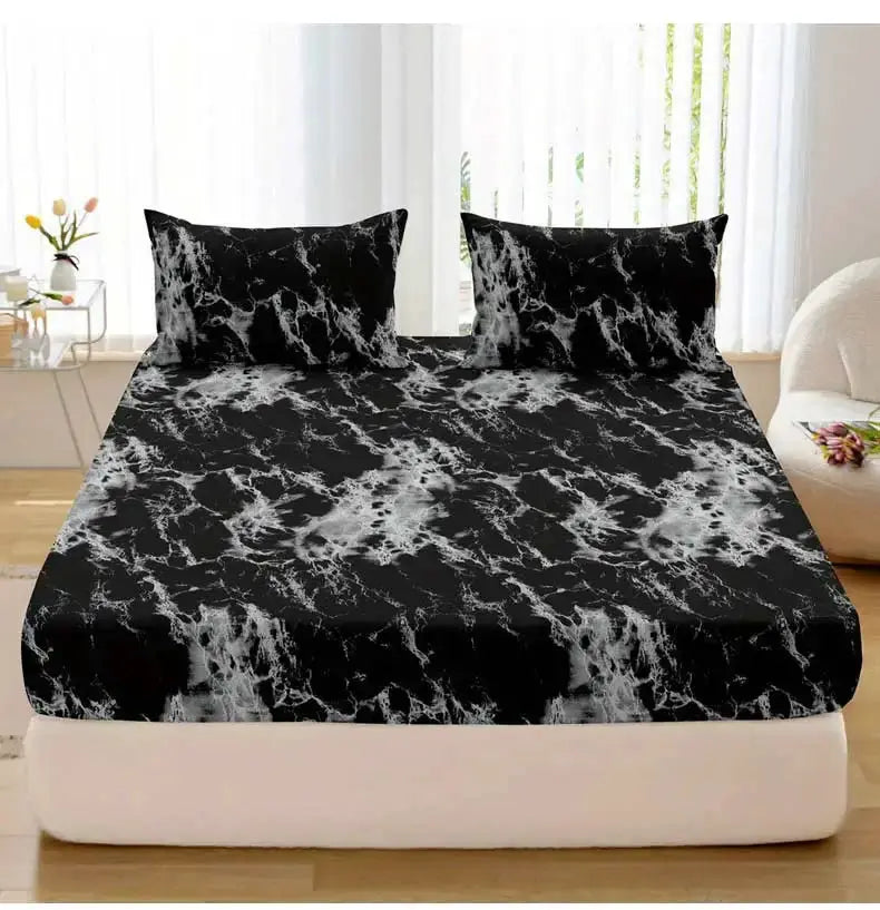 3-Piece Marble Print Fitted Sheet Set by Simples Market, black/white marble pattern, ultra-soft breathable microfiber