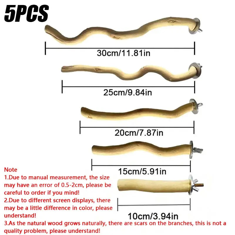 5-piece natural wood parrot perch set with curved branches and cage mounting hardware