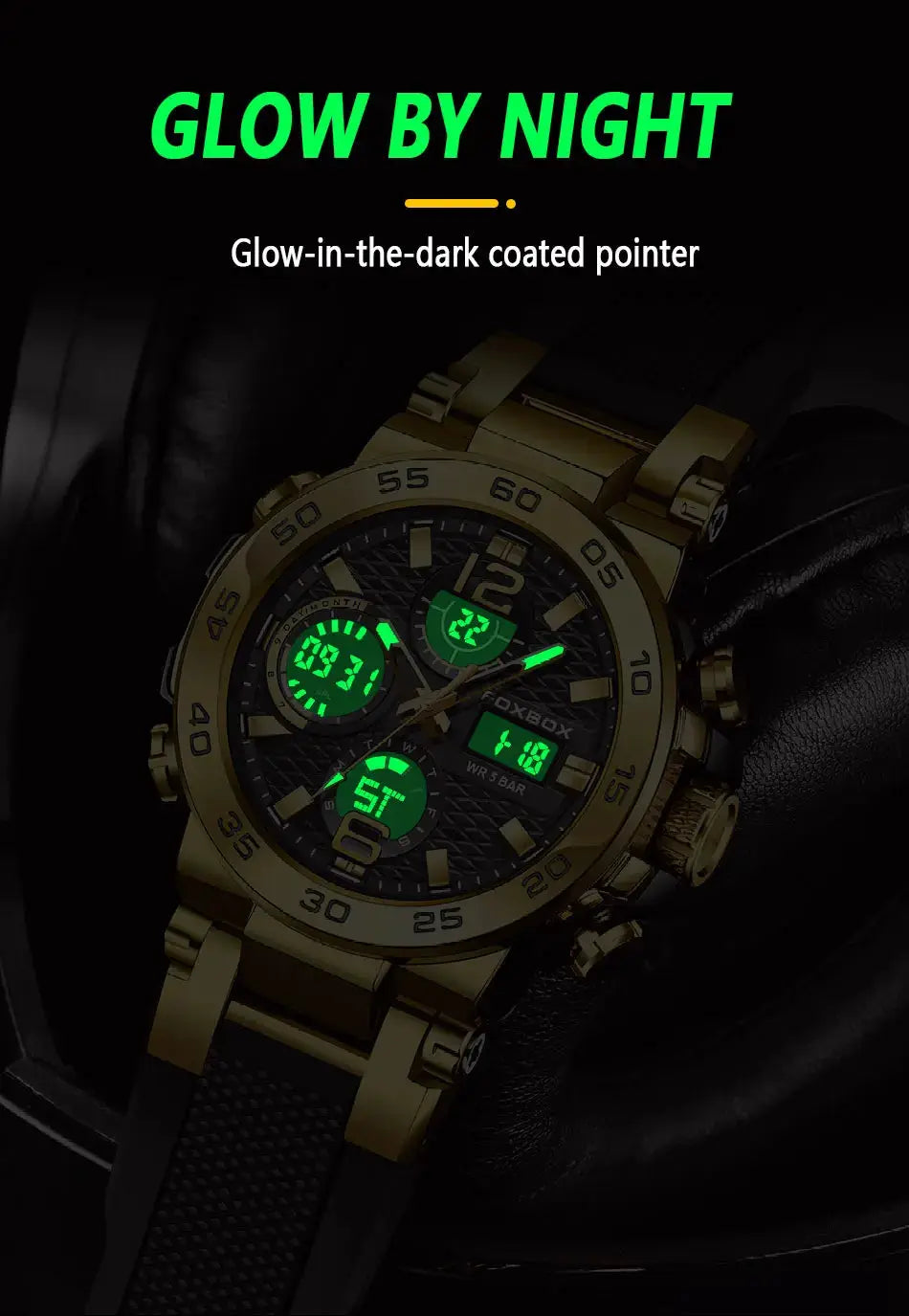 FOXBOX Sport men's digital watch, gold-tone with luminous green LED display