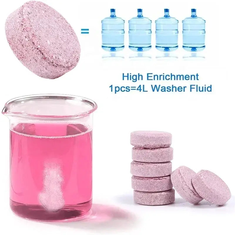 Car windshield cleaner effervescent tablets by Simples Market; pink solid for auto glass, yields 4L washer fluid