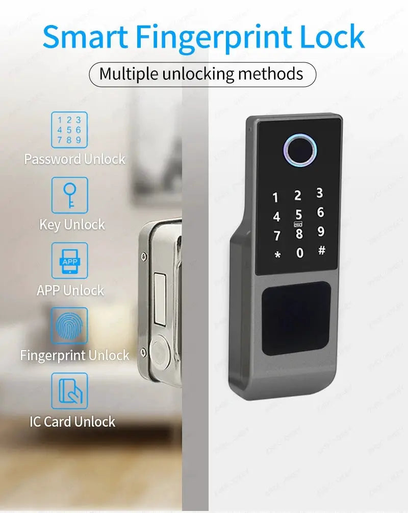Tuya WiFi smart fingerprint door lock in gray with keypad for outdoor use (password, fingerprint, RFID, app)