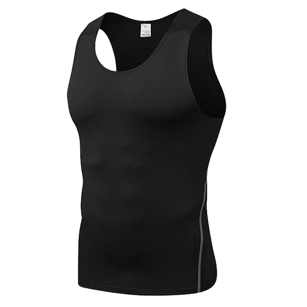 Men's black compression tank top with gray side seams for tummy control