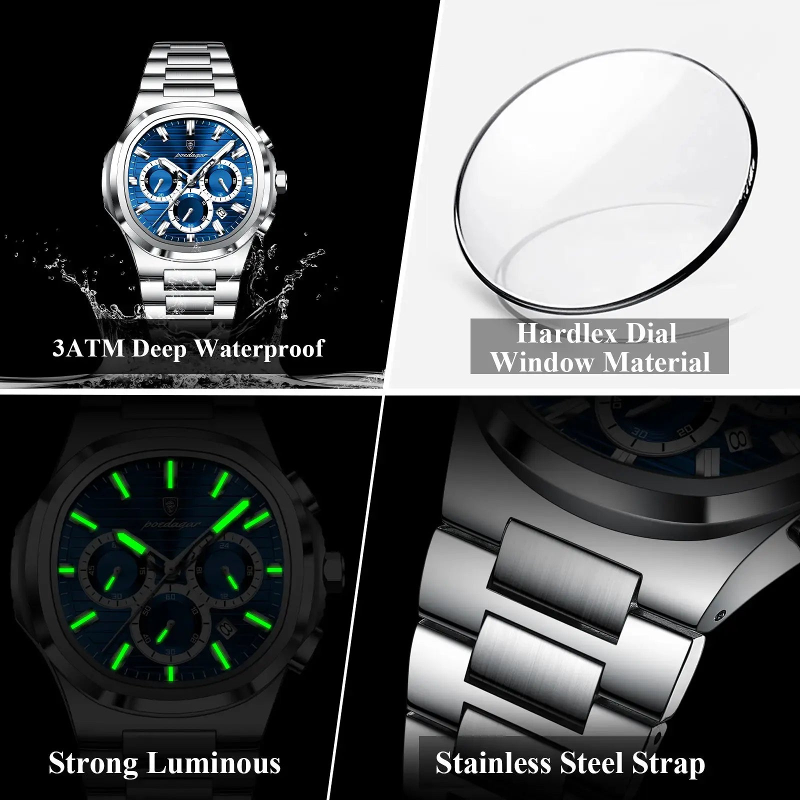 POEDAGAR men's stainless steel wristwatch with blue chronograph dial and luminous hands