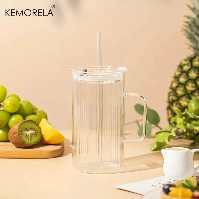Kemorela 740ml Large Ribbed Glass Tumbler With Handle And Lid Reusable Straw For Iced Coffee