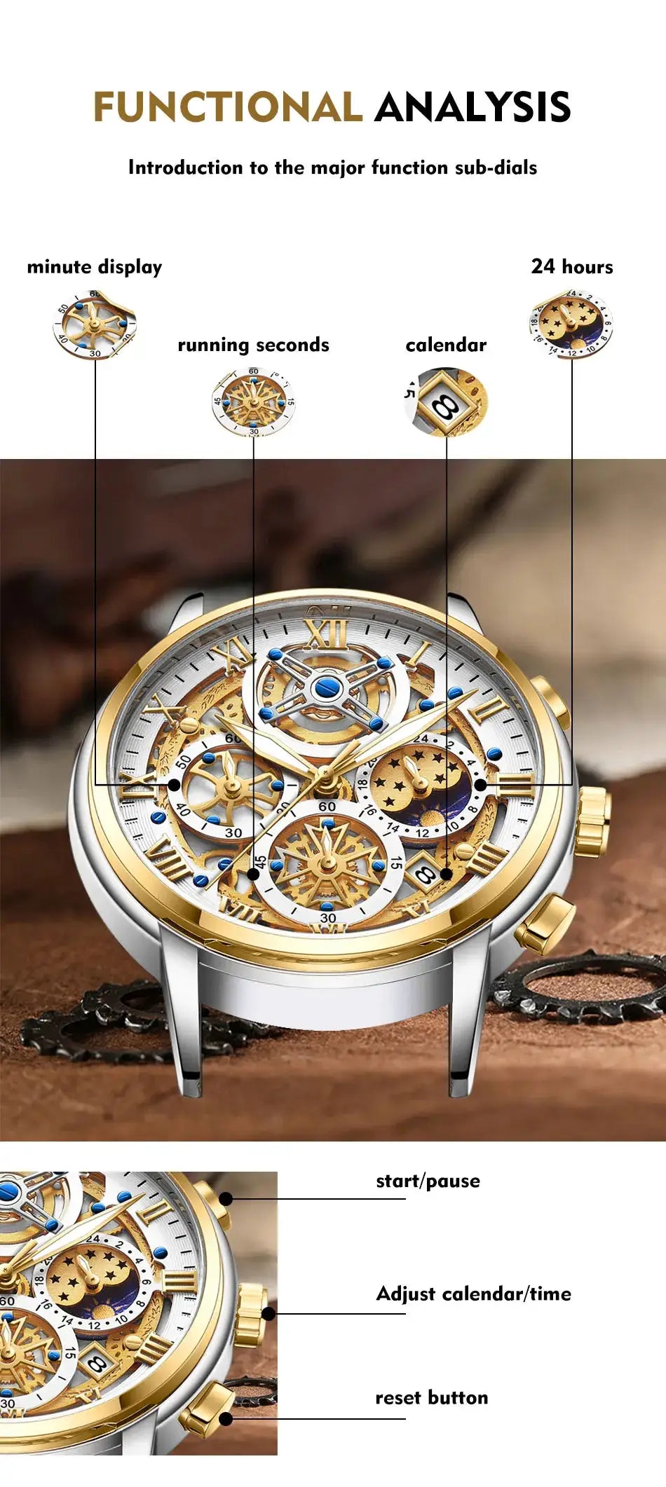 LIGE men's skeleton chronograph wristwatch with gold-silver case and blue accents
